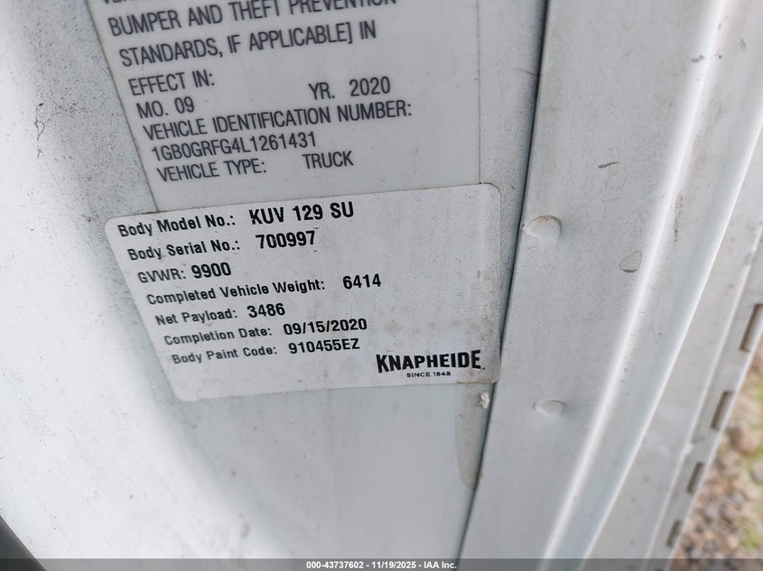 2020 Chevrolet Express Cutaway Work Van VIN: 1GB0GRFG4L1261431 Lot: 43737602