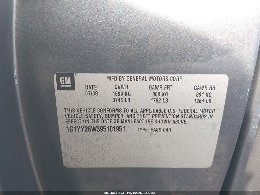 2009 Chevrolet Corvette VIN: 1G1YY26W395101951 Lot: 43737604