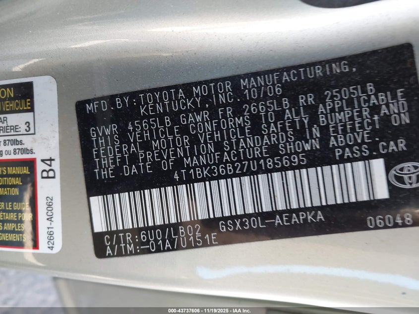 2007 Toyota Avalon Limited VIN: 4T1BK36B27U185695 Lot: 43737606