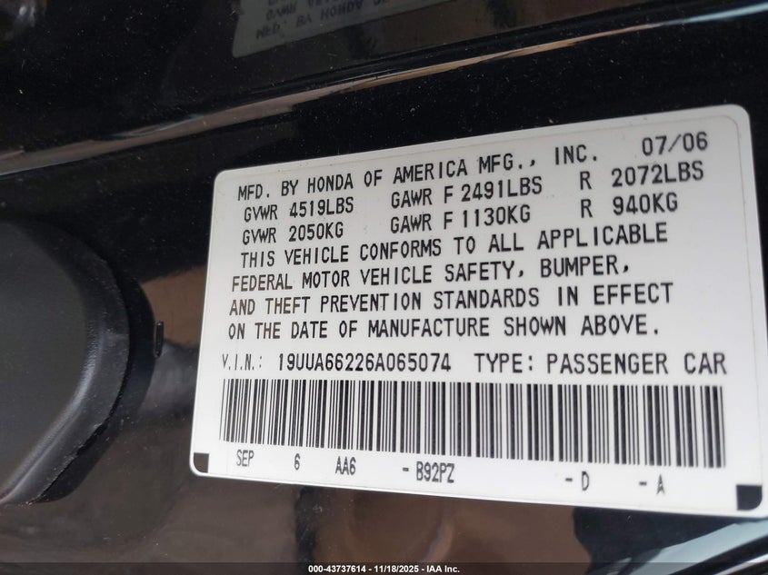 2006 Acura Tl VIN: 19UUA66226A065074 Lot: 43737614