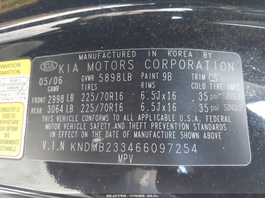 2006 Kia Sedona Ex/Lx VIN: KNDMB233466097254 Lot: 43737638