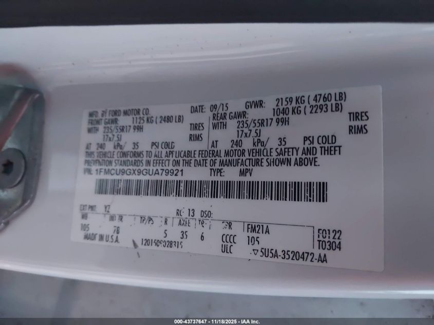 2016 Ford Escape Se VIN: 1FMCU9GX9GUA79921 Lot: 43737647