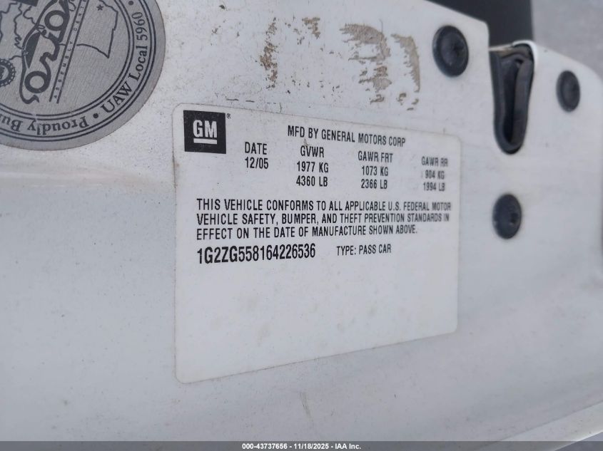 2006 Pontiac G6 VIN: 1G2ZG558164226536 Lot: 43737656