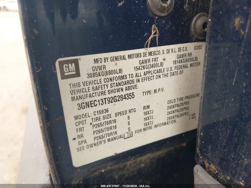 2002 Chevrolet Avalanche 1500 VIN: 3GNEC13T92G284355 Lot: 43737657