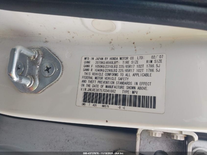 2007 Honda Cr-V Ex-L VIN: JHLRE38757C041862 Lot: 43737676