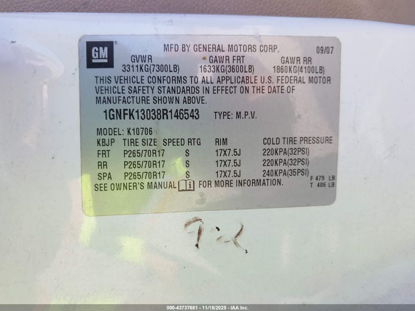 2008 Chevrolet Tahoe Lt VIN: 1GNFK13038R146543 Lot: 43737681