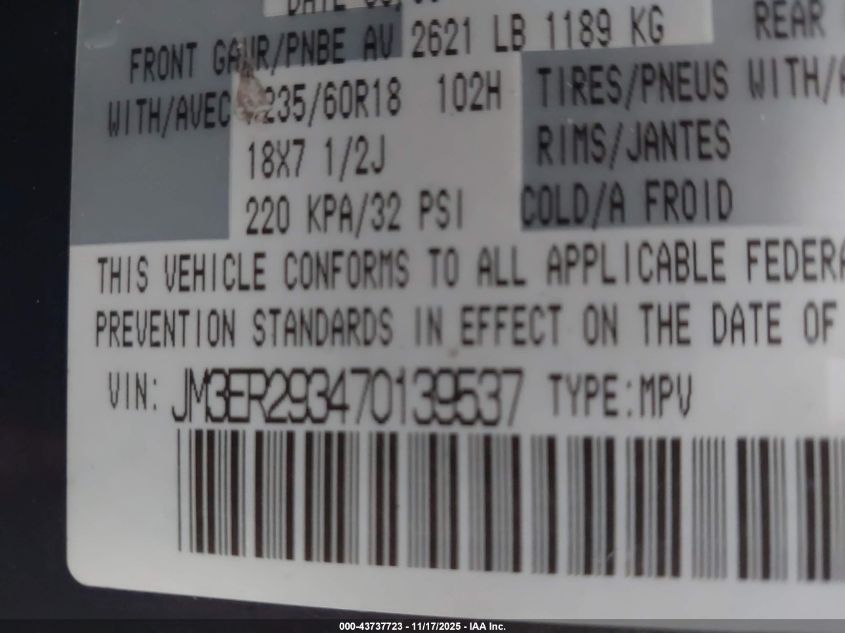 2007 Mazda Cx-7 Grand Touring VIN: JM3ER293470139537 Lot: 43737723