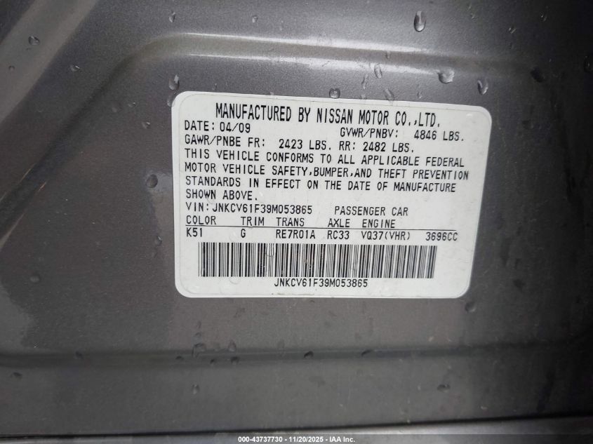 2009 Infiniti G37X VIN: JNKCV61F39M053865 Lot: 43737730