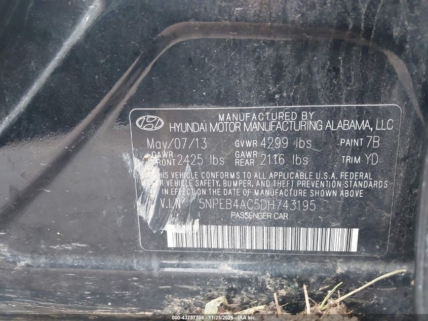 2013 Hyundai Sonata Gls VIN: 5NPEB4AC5DH743195 Lot: 43737736