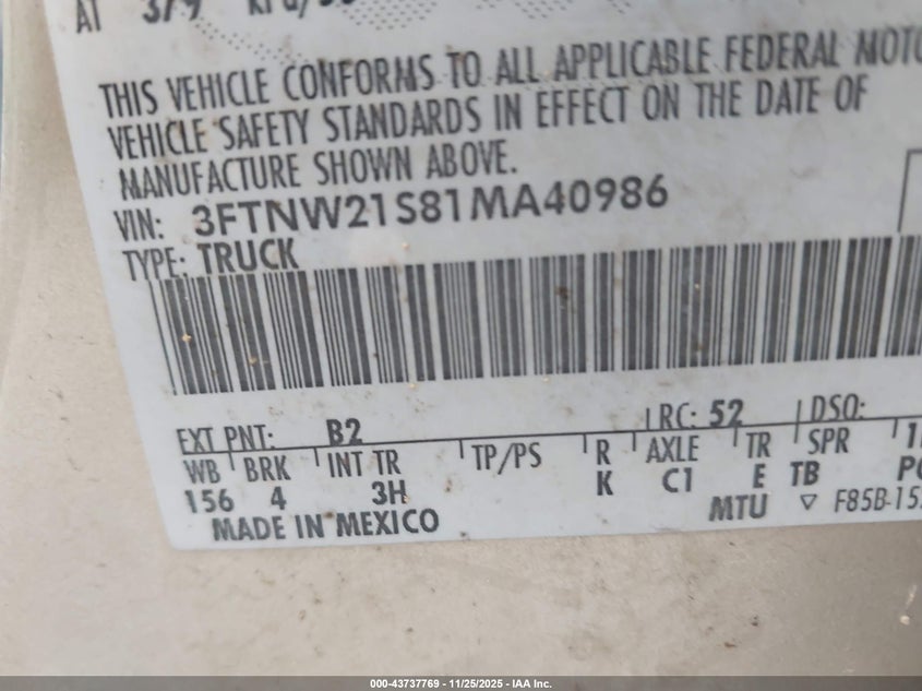 2001 Ford F-250 Lariat/Xl/Xlt VIN: 3FTNW21S81MA40986 Lot: 43737769