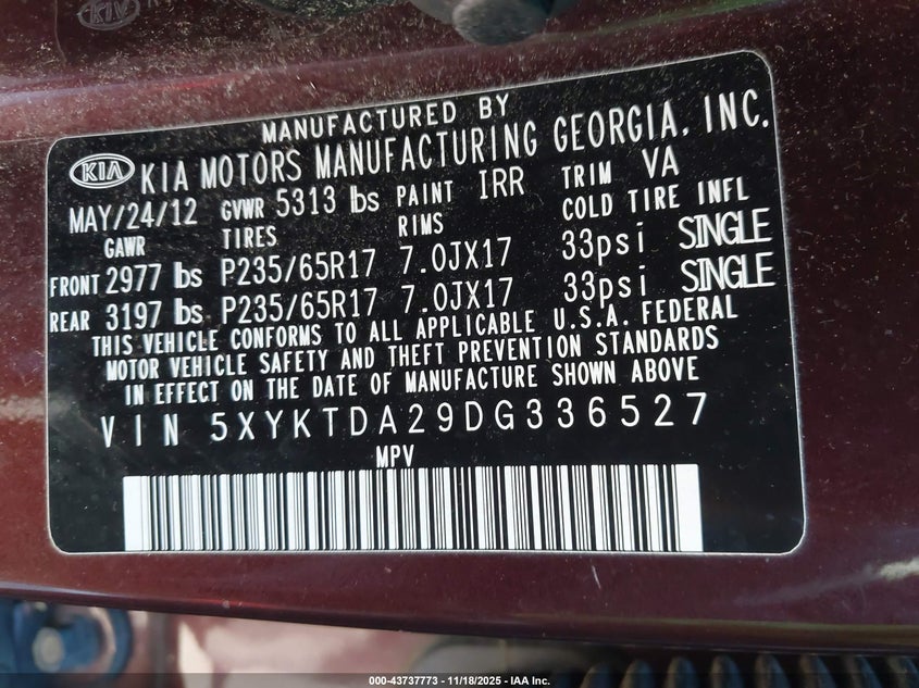 2013 Kia Sorento Lx V6 VIN: 5XYKTDA29DG336527 Lot: 43737773