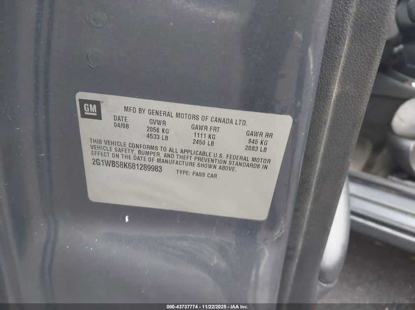 2G1WB58K681289983 2008 CHEVROLET IMPALA photo no. 9