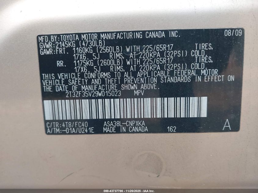 2009 Toyota Rav4 VIN: 2T3ZF35V29W015023 Lot: 43737786