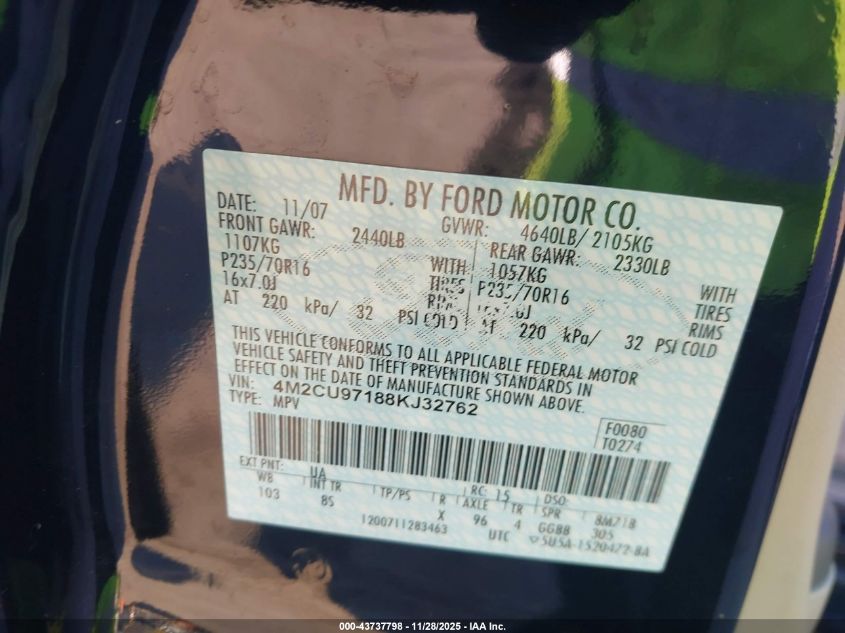 2008 Mercury Mariner Premier VIN: 4M2CU97188KJ32762 Lot: 43737798