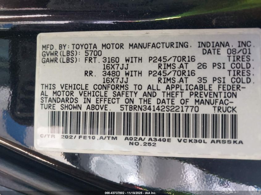 2002 Toyota Tundra Sr5 VIN: 5TBRN34142S221770 Lot: 43737802
