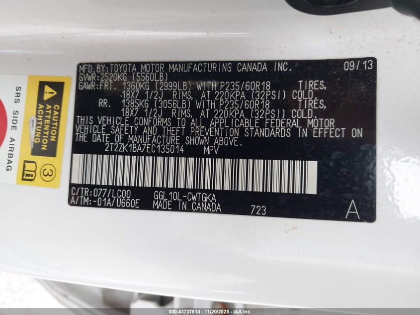 2014 Lexus Rx 350 VIN: 2T2ZK1BA7EC135014 Lot: 43737814