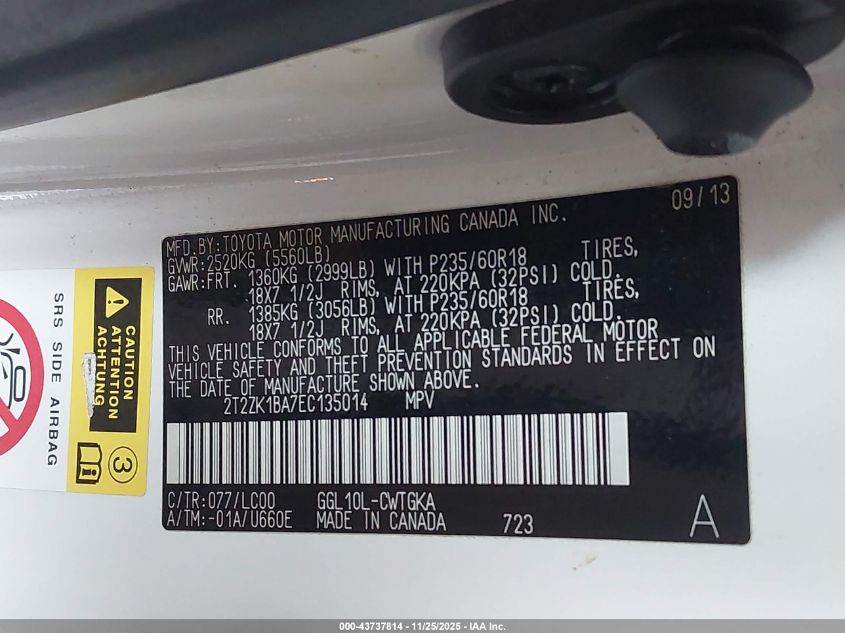 2014 Lexus Rx 350 VIN: 2T2ZK1BA7EC135014 Lot: 43737814