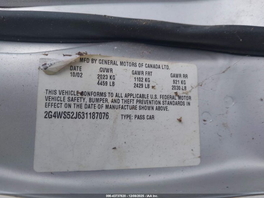 2003 Buick Century Custom VIN: 2G4WS52J631187076 Lot: 43737820