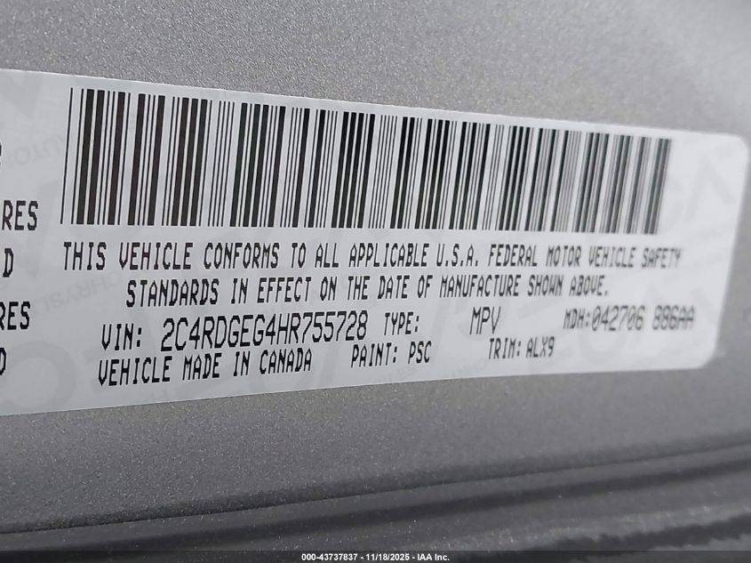 2017 Dodge Grand Caravan Gt VIN: 2C4RDGEG4HR755728 Lot: 43737837