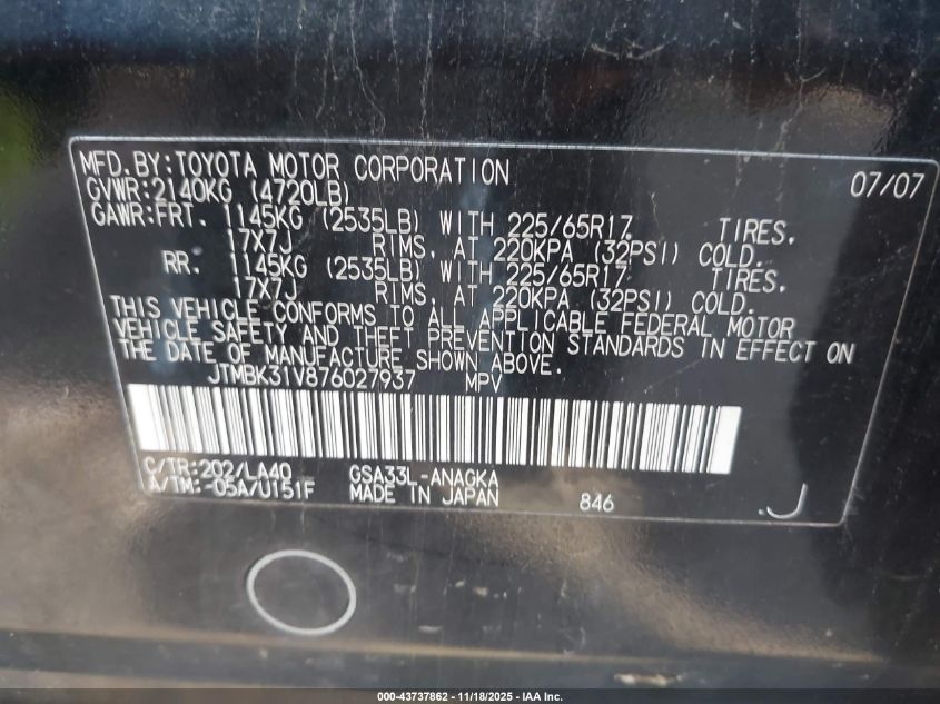 2007 Toyota Rav4 Limited V6 VIN: JTMBK31V876027937 Lot: 43737862