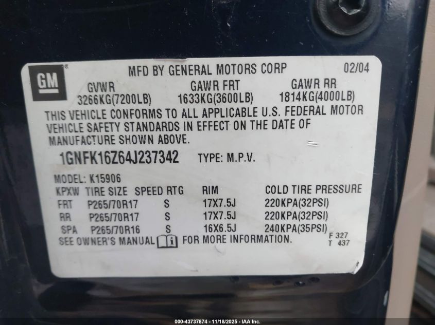 2004 Chevrolet Suburban 1500 Lt VIN: 1GNFK16Z64J237342 Lot: 43737874