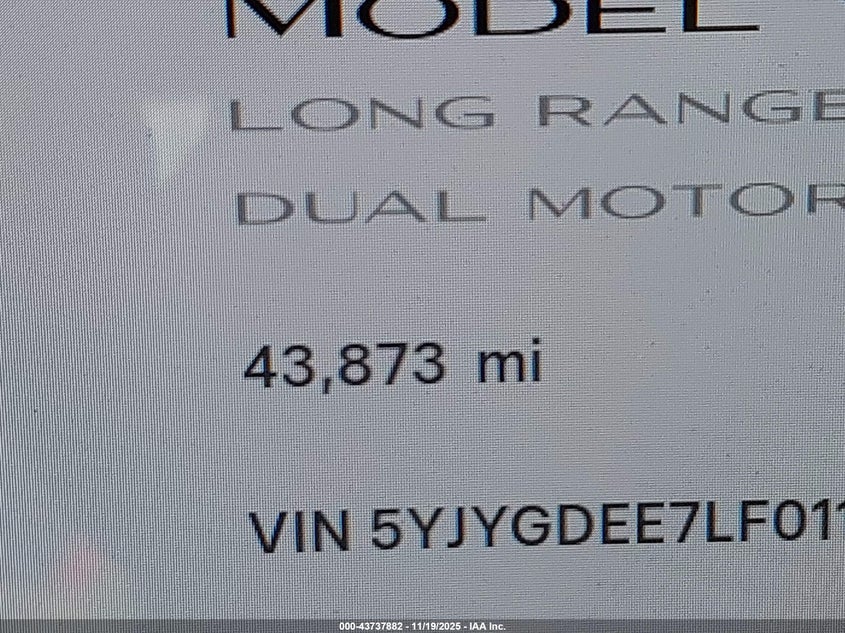 2020 Tesla Model Y Long Range Dual Motor All-Wheel Drive VIN: 5YJYGDEE7LF011142 Lot: 43737882