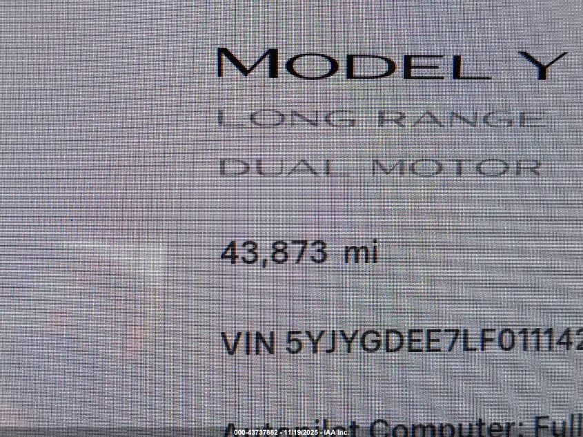 2020 Tesla Model Y Long Range Dual Motor All-Wheel Drive VIN: 5YJYGDEE7LF011142 Lot: 43737882