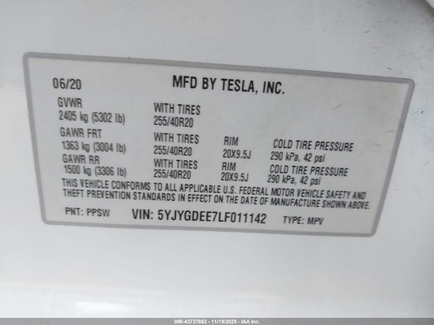 2020 Tesla Model Y Long Range Dual Motor All-Wheel Drive VIN: 5YJYGDEE7LF011142 Lot: 43737882