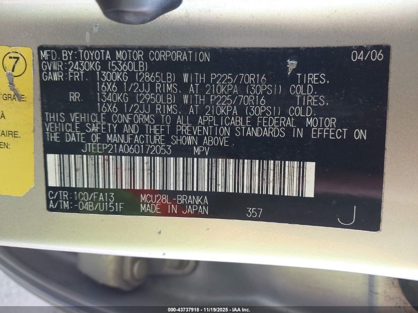 2006 Toyota Highlander V6 VIN: JTEEP21A060172053 Lot: 43737918