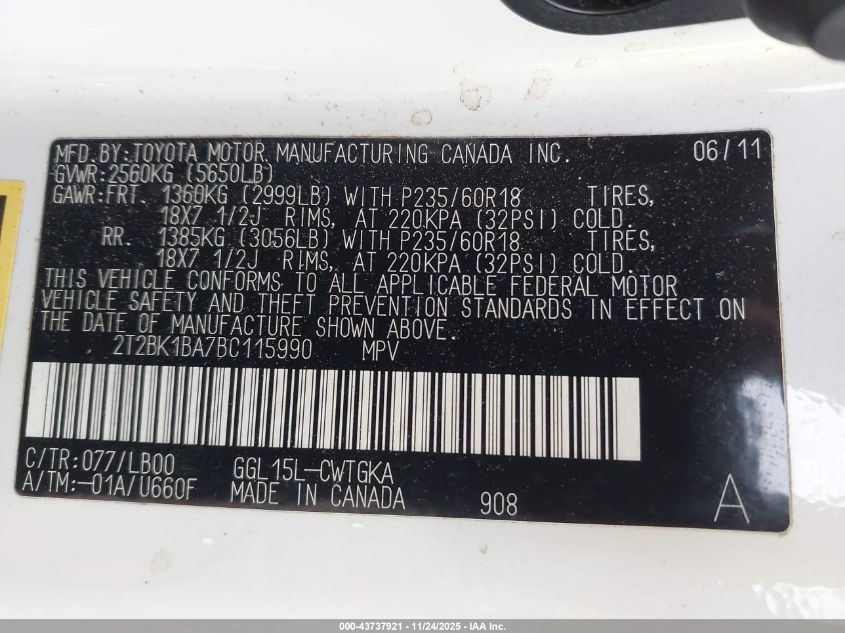 2011 Lexus Rx 350 VIN: 2T2BK1BA7BC115990 Lot: 43737921