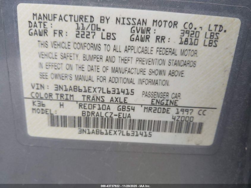 2007 Nissan Sentra 2.0 VIN: 3N1AB61EX7L631415 Lot: 43737922
