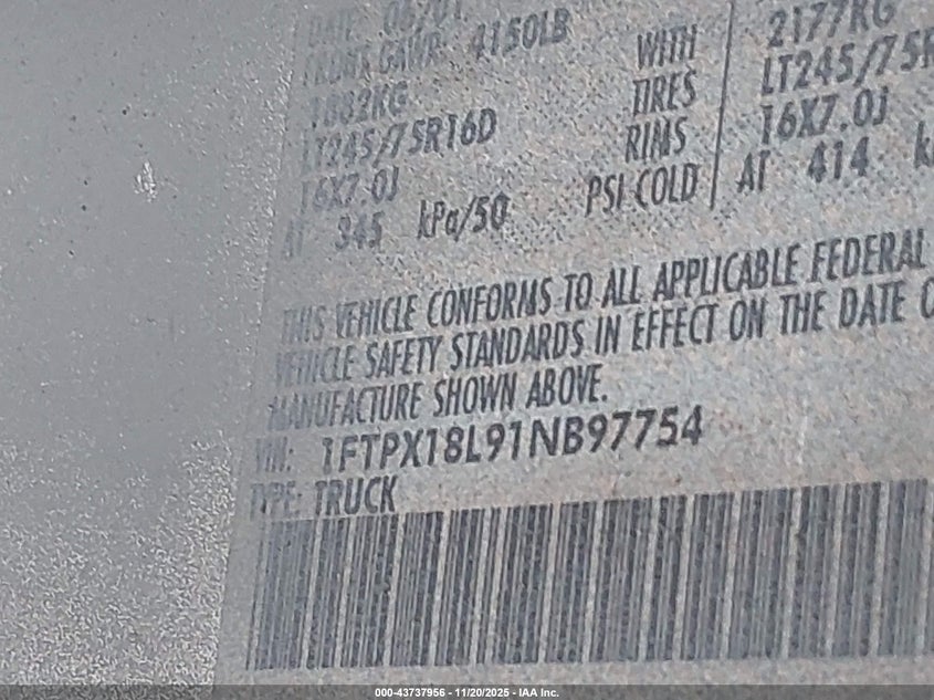 2001 Ford F-150 Lariat/Xl/Xlt VIN: 1FTPX18L91NB97754 Lot: 43737956