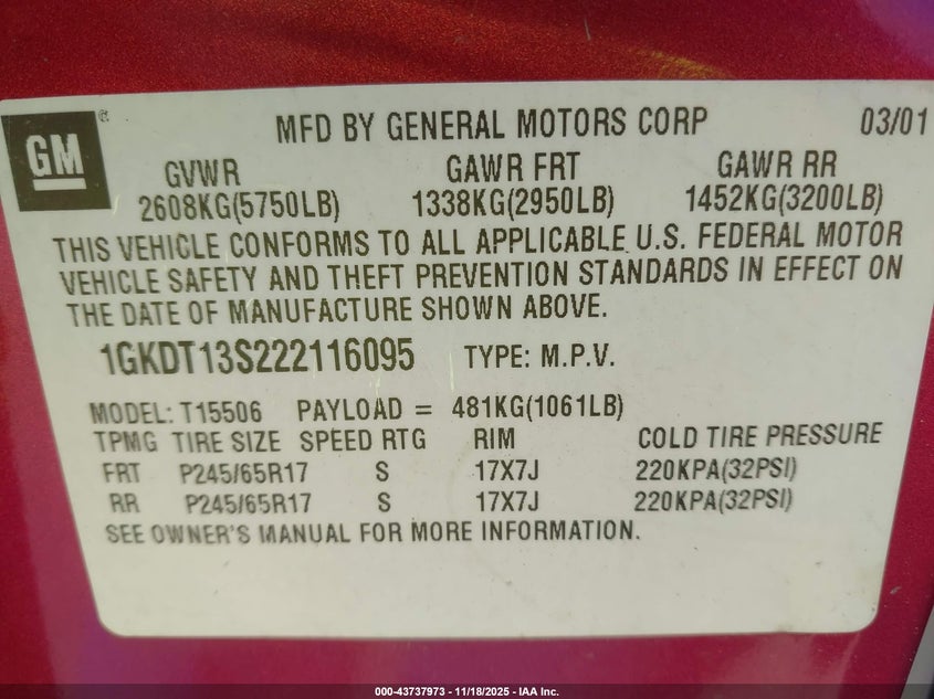 2002 GMC Envoy Slt VIN: 1GKDT13S222116095 Lot: 43737973