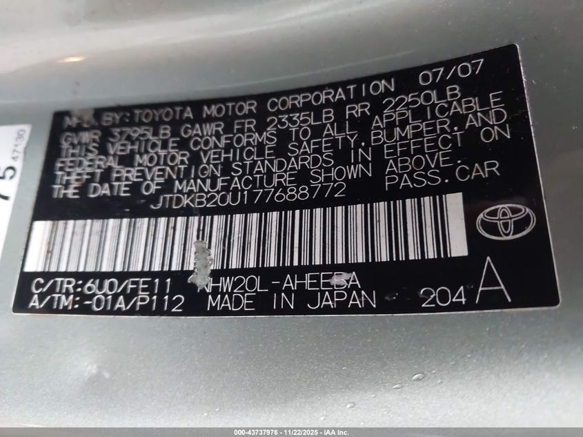 2007 Toyota Prius VIN: JTDKB20U177688772 Lot: 43737976