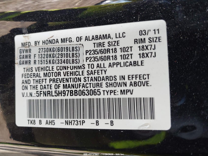 2011 Honda Odyssey Touring/Touring Elite VIN: 5FNRL5H97BB063065 Lot: 43737981