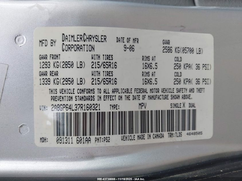 2007 Chrysler Town & Country Limited VIN: 2A8GP64L37R160321 Lot: 43738005