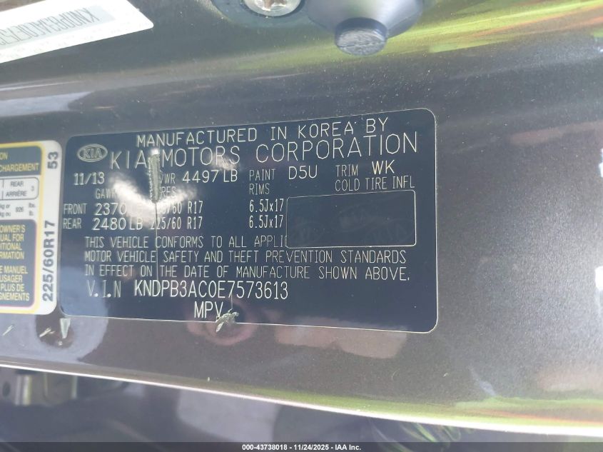 2014 Kia Sportage Lx VIN: KNDPB3AC0E7573613 Lot: 43738018