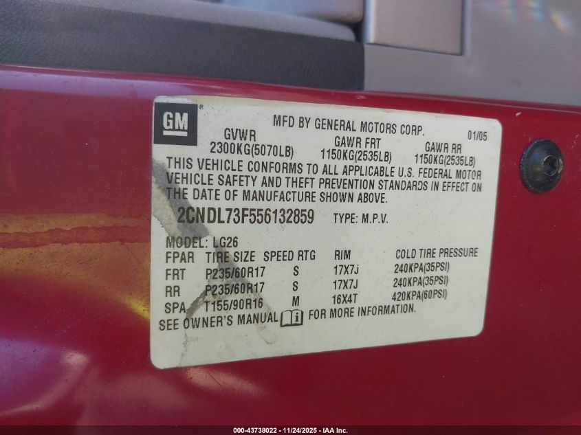 2005 Chevrolet Equinox Lt VIN: 2CNDL73F556132859 Lot: 43738022