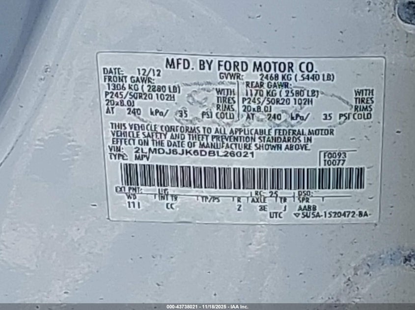 2013 Lincoln Mkx VIN: 2LMDJ6JK6DBL26021 Lot: 43738021