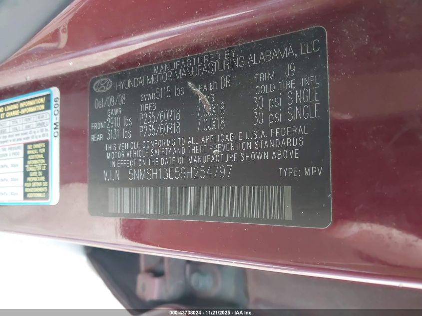 2009 Hyundai Santa Fe Se VIN: 5NMSH13E59H254797 Lot: 43738024