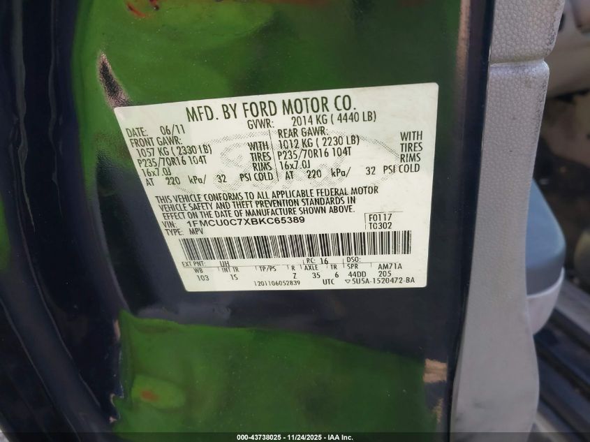 2011 Ford Escape Xls VIN: 1FMCU0C7XBKC65389 Lot: 43738025