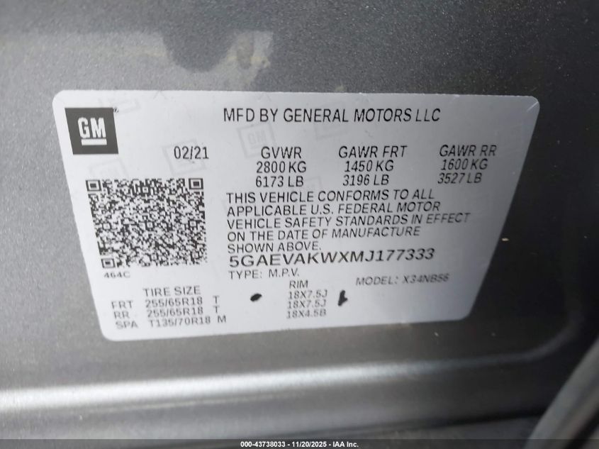 2021 Buick Enclave Awd Essence VIN: 5GAEVAKWXMJ177333 Lot: 43738033