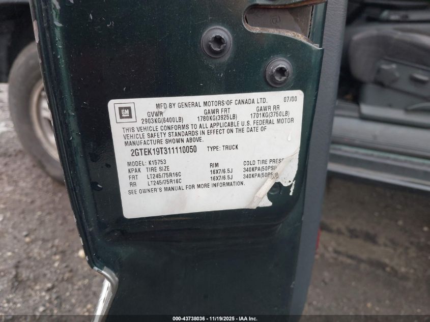 2001 GMC Sierra 1500 Sle VIN: 2GTEK19T311110050 Lot: 43738036