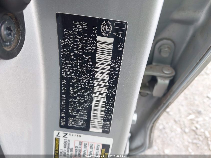 2008 Toyota Matrix VIN: 2T1KR32E48C700646 Lot: 43738048