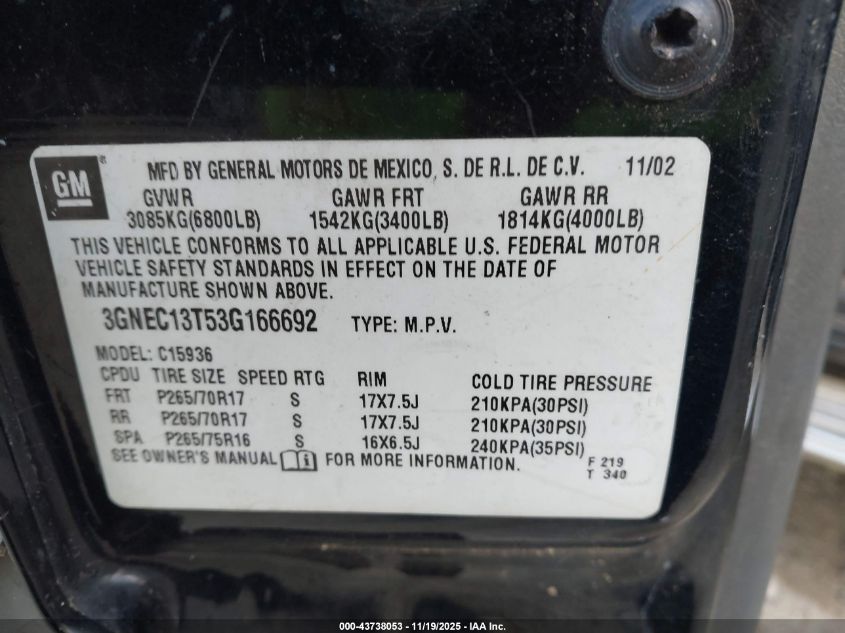 2003 Chevrolet Avalanche 1500 VIN: 3GNEC13T53G166692 Lot: 43738053