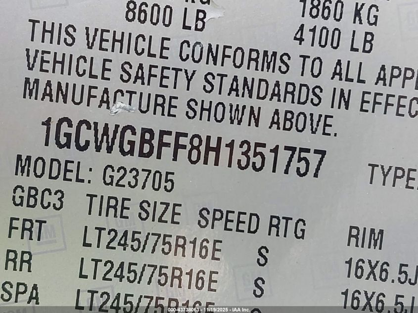 2017 Chevrolet Express 2500 Work Van VIN: 1GCWGBFF8H1351757 Lot: 43738063