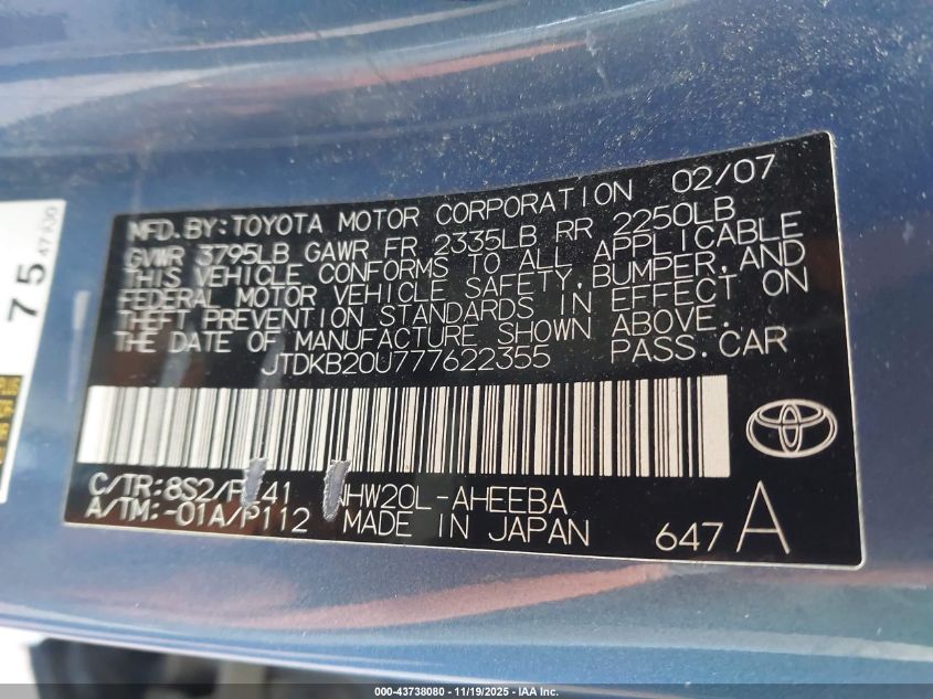 2007 Toyota Prius VIN: JTDKB20U777622355 Lot: 43738080