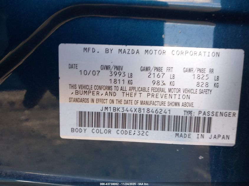 2008 Mazda Mazda3 S Sport VIN: JM1BK344X81846241 Lot: 43738082