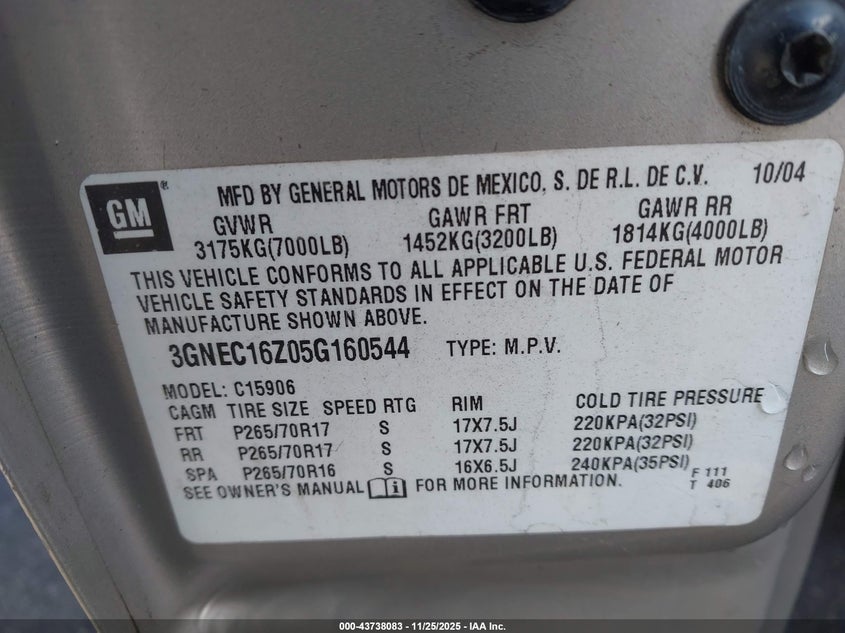 2005 Chevrolet Suburban 1500 Lt VIN: 3GNEC16Z05G160544 Lot: 43738083