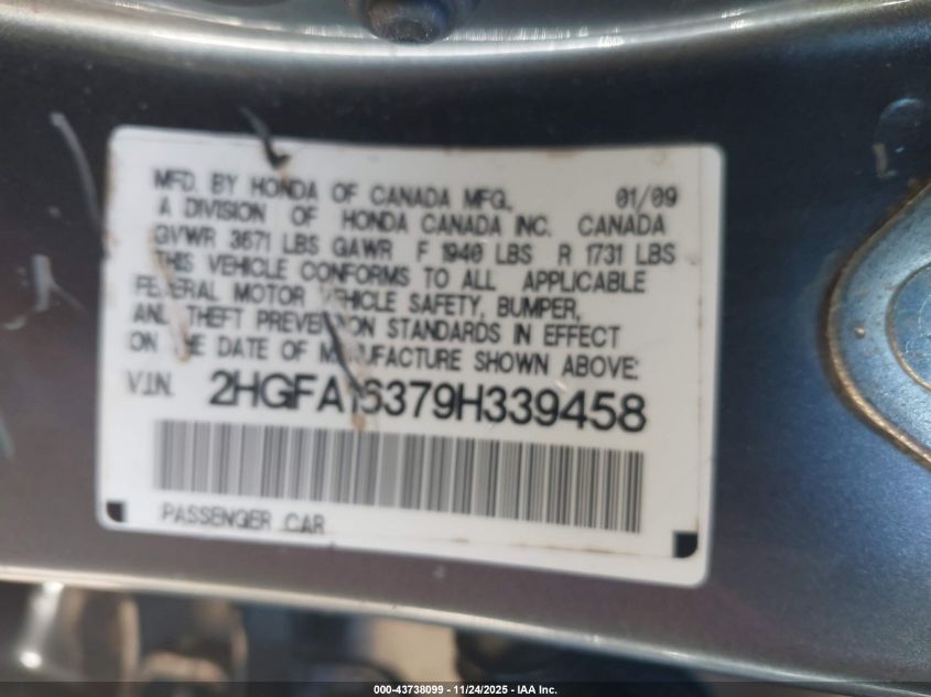 2009 Honda Civic Vp VIN: 2HGFA16379H339458 Lot: 43738099